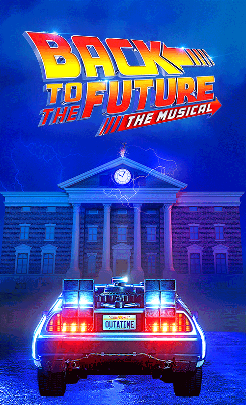 Back to the Future — The Musical lenticular artwork: the DeLorean pulling away from the clock tower